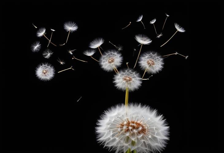 Ethereal Simplicity White Dandelion with Seeds on Black Background