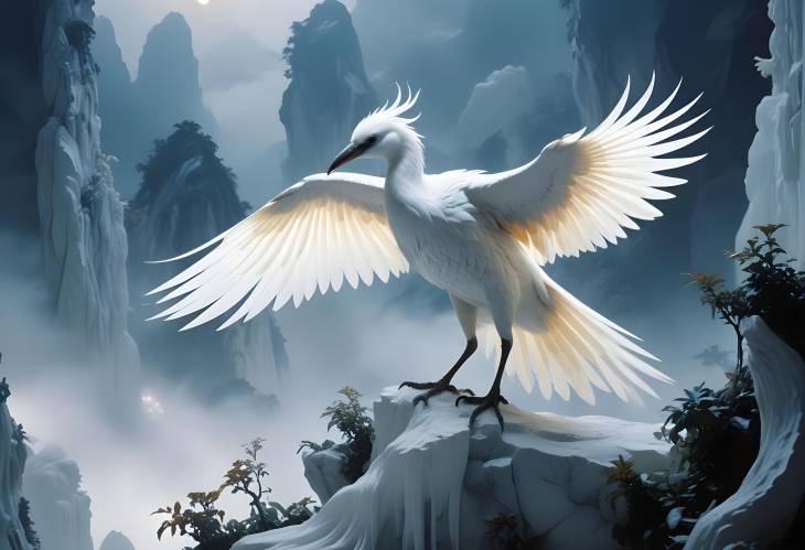 Ethereal White Chinese Loong Bird with Glowing Wings on White Marble Mountain