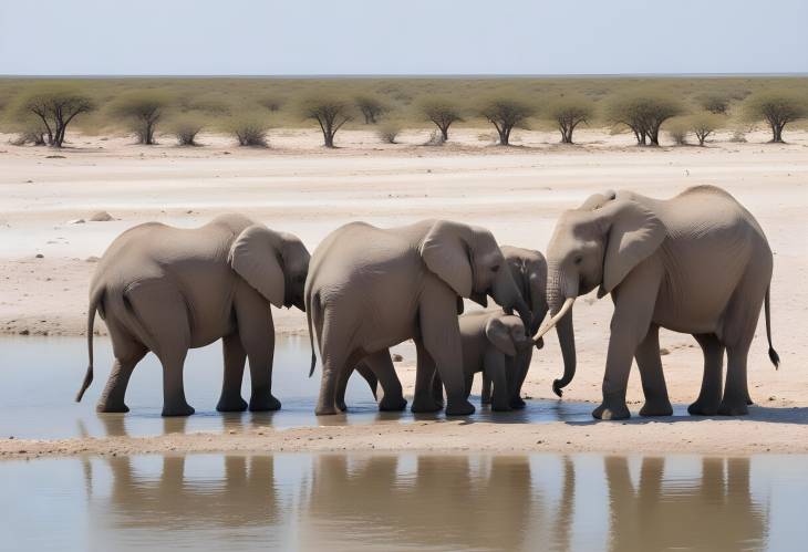 Etosha Elephant Families Gathering at the Lake for a Drink in Namibia Wild