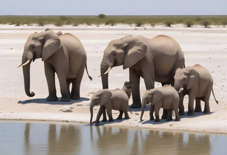 Etosha National Park Elephants Families Gather at the Lake for a Refreshing Drink