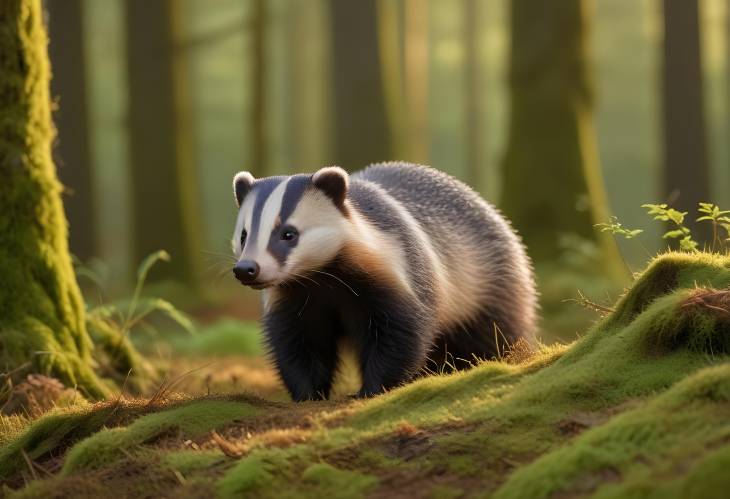 European badger Meles meles enjoying the morning light on mosscovered hills, Bohemian Forest, Cz