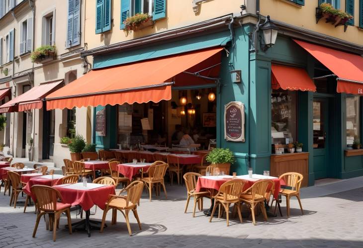 European Cafe with Cozy Outdoor Seating, Colorful Awning, and Relaxed Vibe