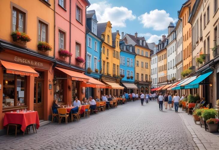 European City Street Scene Historic Architecture, Cobblestone Roads, and Colorful Cafes