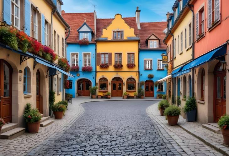 European Cobblestone Street with Bright Blue Sky and Quaint Shops