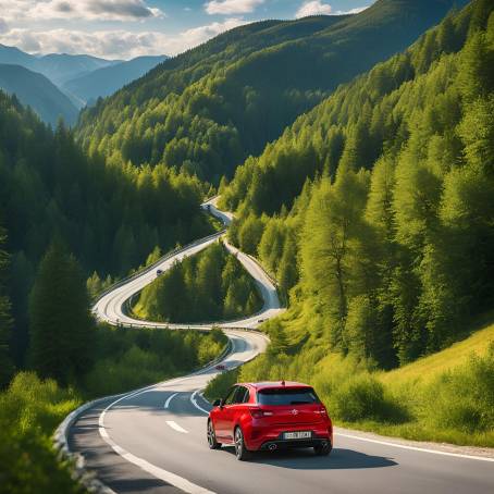 European Nature Drive Red Car on Mountain Road with Sunny Day Views