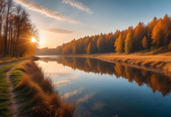 European Russia Autumn River at Sunset Scenic Panorama of Fall Colors