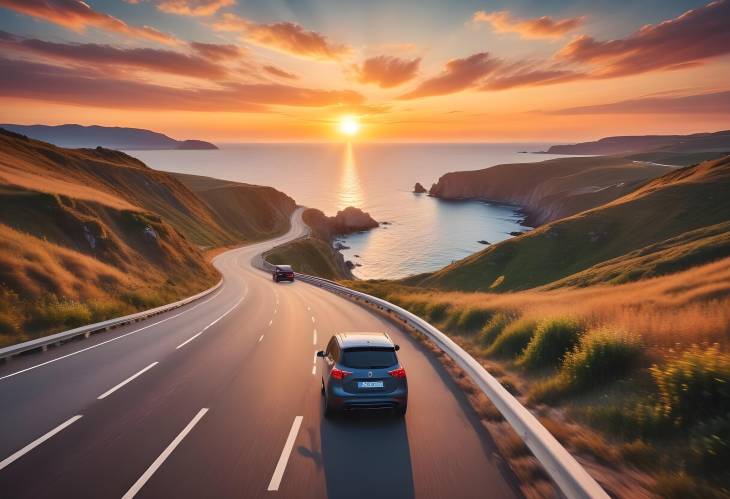 European Sunset Over Coastal Highway Summer Drive Along Stunning Beach Road