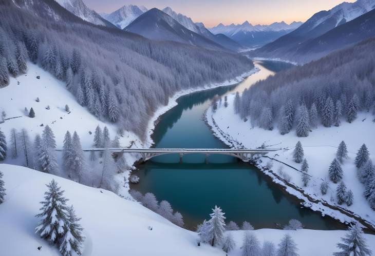 Evening drone shot of snowcovered Sylvensteinsee, FallerKlamm bridge, Karwendel mountains, Bavaria