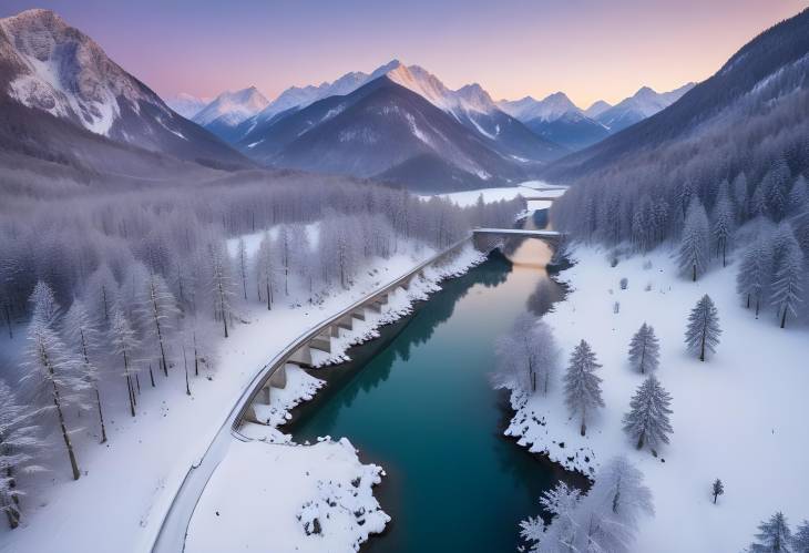 Evening serenity over Sylvensteinsee, snowcovered FallerKlamm bridge and Karwendel mountains, Bav