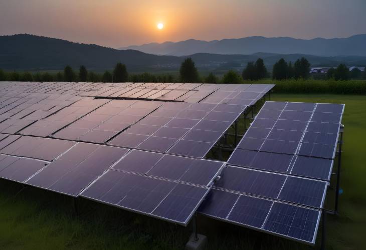 Evening Solar Panels Capturing Sunset for Sustainable Energy Production