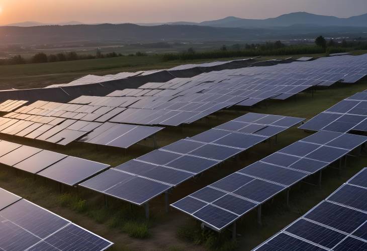 Evening Sunset Over Solar Panels Capturing Renewable Energy at Dusk