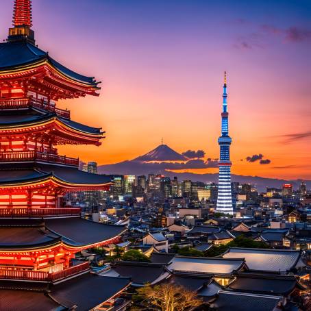 Evening Twilight in Tokyo with Senso ji  Sky tree