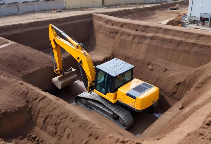 Excavator Digging Trenches for Sewer Pipes at Construction Site Installation of Sewage Drainage S