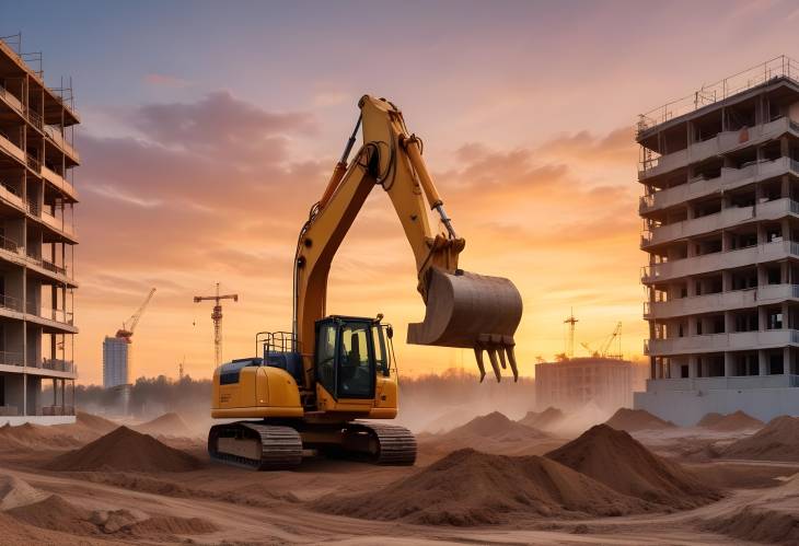 Excavator on Construction Site Sunset Background with Backhoe Digging for Foundation Pit and Tower