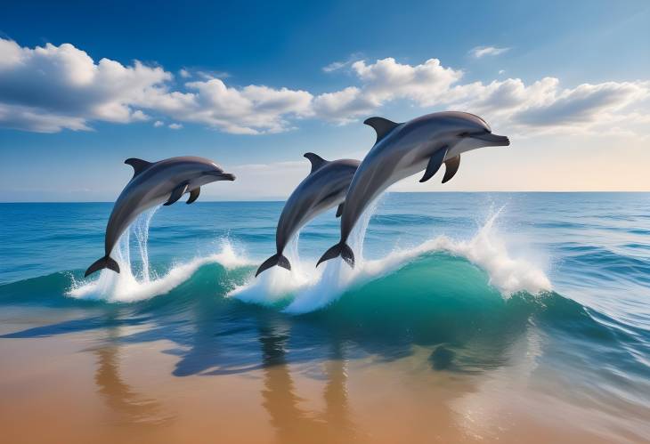 Exciting Dolphin Leaps in the Pristine Blue Water and Sky Landscape