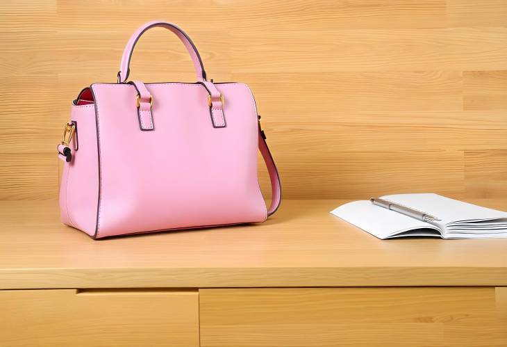 Exclusive Female Pink Bag on Wooden Desk Elegant and Fashionable