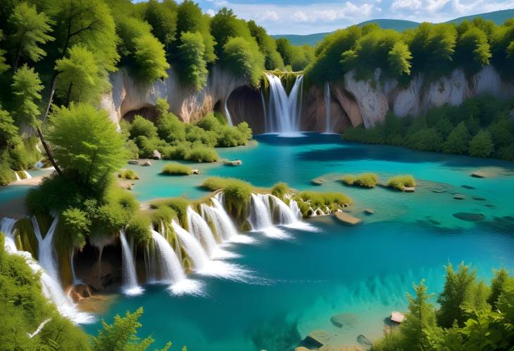 Exotic Waterfall and Lake in Plitvice Lakes National Park, Croatia