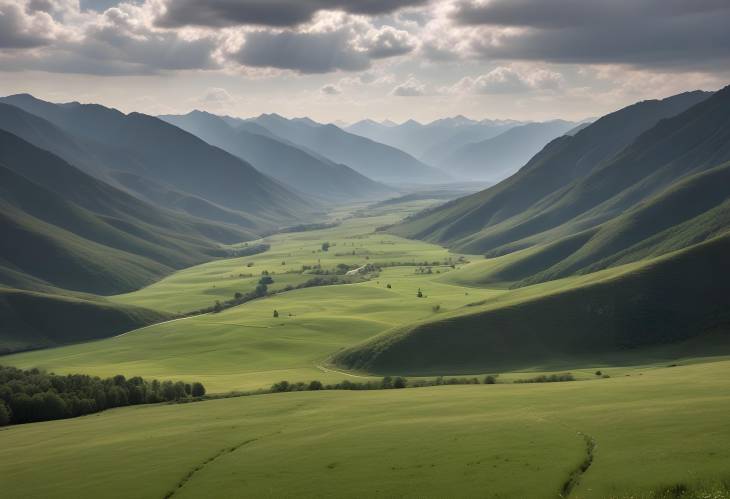 Expansive Green Field in a Valley Surrounded by Majestic Mountain Ranges