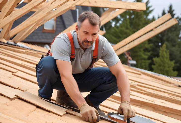 Experienced Roofing Contractor in His 40s Working on Wooden Roof Elements