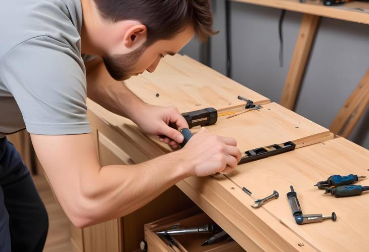 Expert Handyman Fixing Fasteners on Custom Wooden Cabinet with Professional Screwdriver Quality