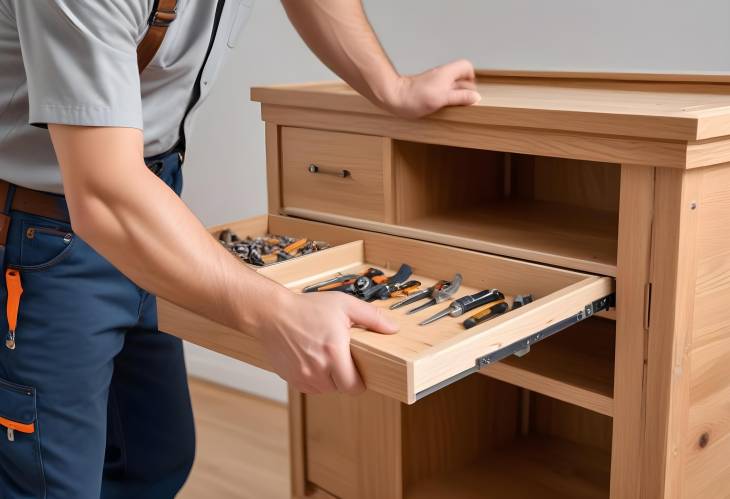 Expert Handyman Fixing Fasteners on Wooden Cabinet with Precision Screwdriver Custom Furniture