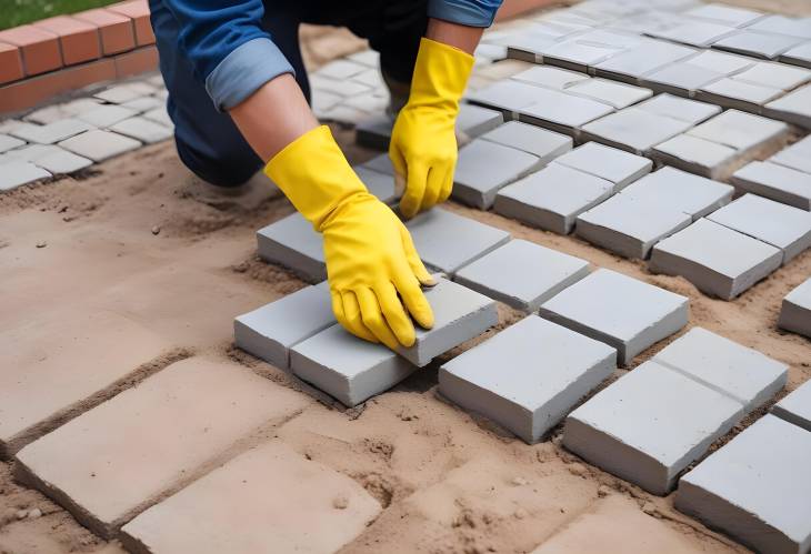 Expert Paver Laying Gray Concrete Slabs in Layers for Garden Pathway