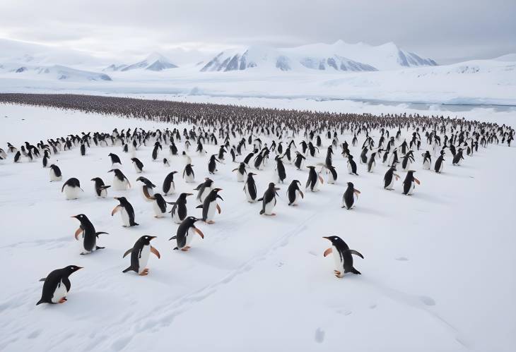 Exploring Antarctic Wildlife Aerial View of Gentoo Penguins Colony Running on Snow and Migration