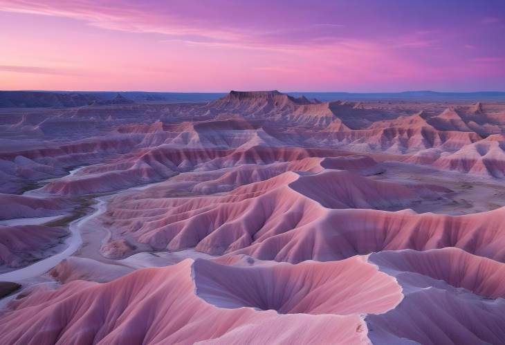 Exploring Badlands at Dawn Vibrant Pink and Purple Skies Over Rugged Terrain