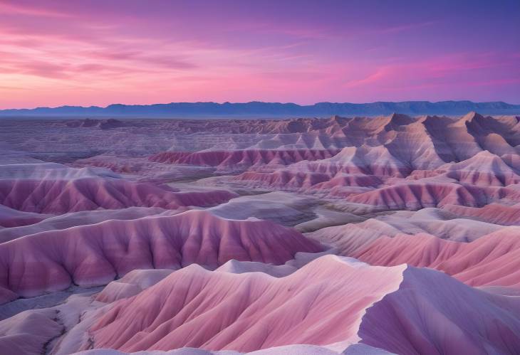 Exploring Badlands at Dawn Vibrant Pink and Purple Skies with Rugged Terrain