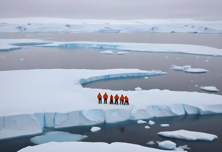 Exploring Climate Change in Antarctica Aerial Image of Scientists Sampling Melting Glaciers