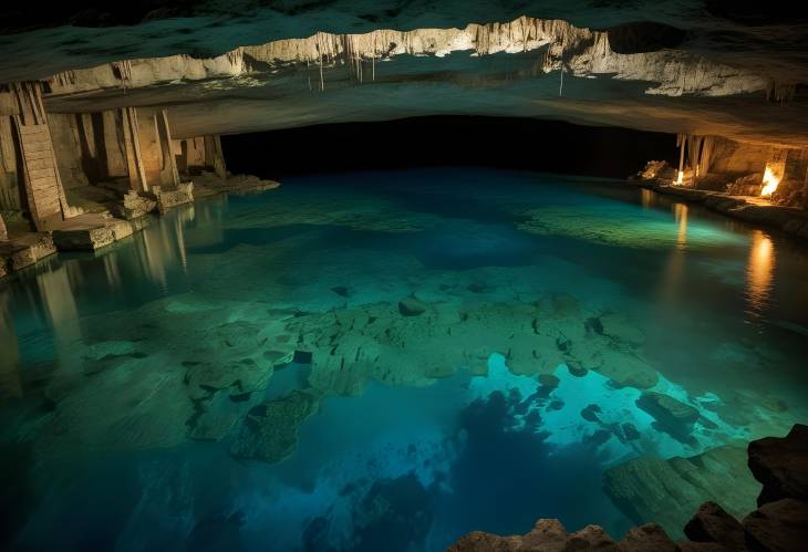 Exquisite Cenote Cavern with Underground River, Deep Blue Water, and Ancient Prehispanic Ritual Si