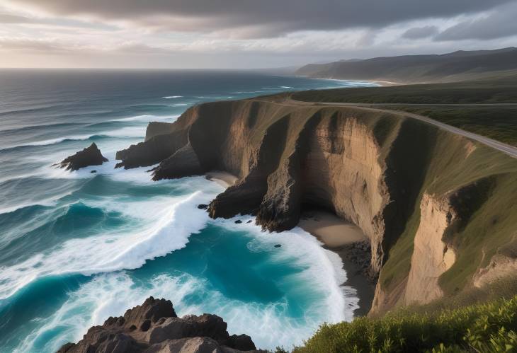 Exquisite Cliffside with Turquoise Ocean and Crashing Waves on Rocky Beach