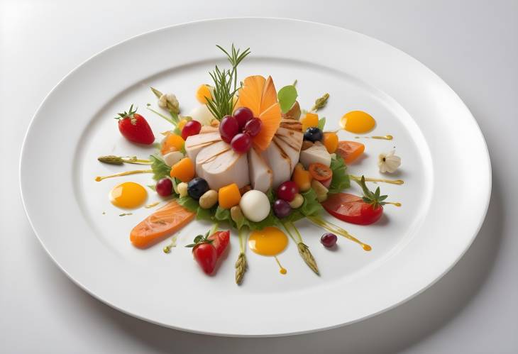 Exquisite Gourmet Meal Artfully Plated on a White Porcelain Dish, Featuring Fresh Ingredients