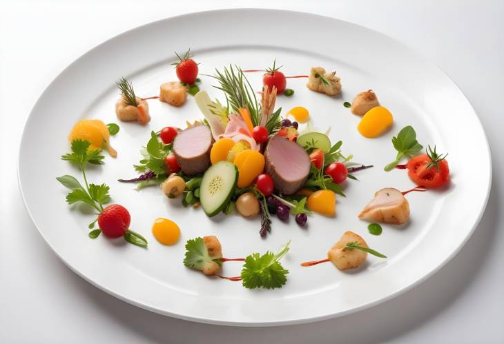 Exquisite Gourmet Meal Artfully Plated on a White Porcelain Dish, Featuring Fresh Ingredients