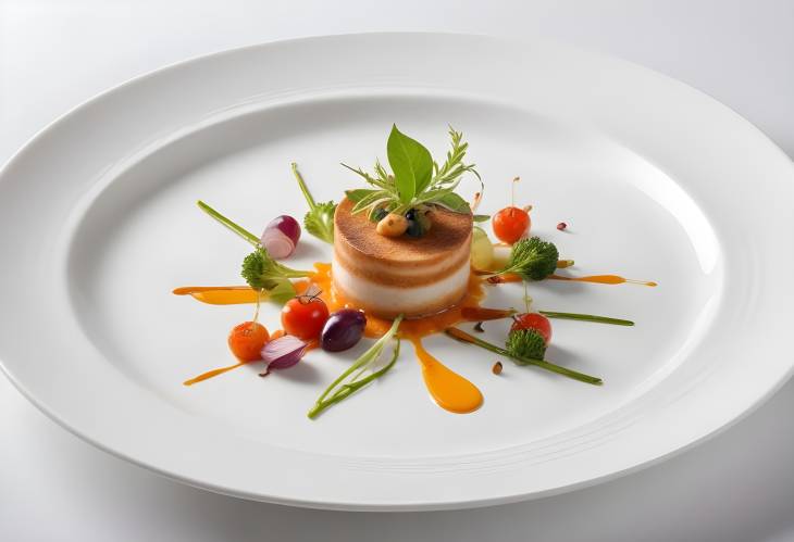 Exquisite Gourmet Meal Artfully Plated on a White Porcelain Dish, Featuring Fresh Ingredients