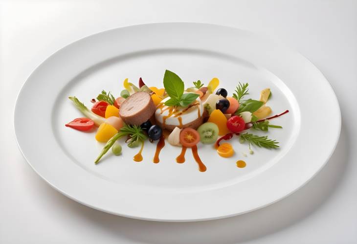 Exquisite Gourmet Meal Artfully Plated on a White Porcelain Dish, Featuring Fresh Ingredients