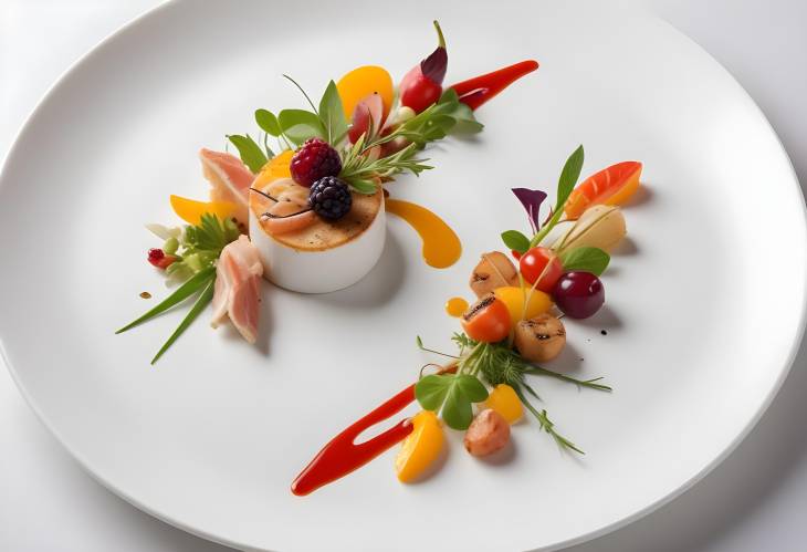 Exquisite Gourmet Meal Artfully Plated on a White Porcelain Dish, Featuring Fresh Ingredients