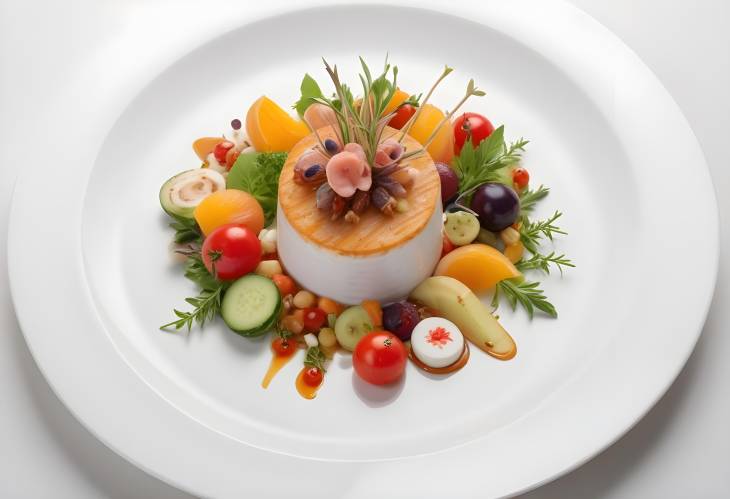 Exquisite Gourmet Meal Artfully Plated on a White Porcelain Dish, Featuring Fresh Ingredients