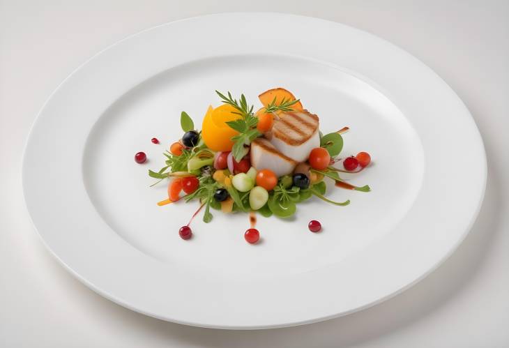 Exquisite Gourmet Meal Artfully Plated on a White Porcelain Dish, Featuring Fresh Ingredients