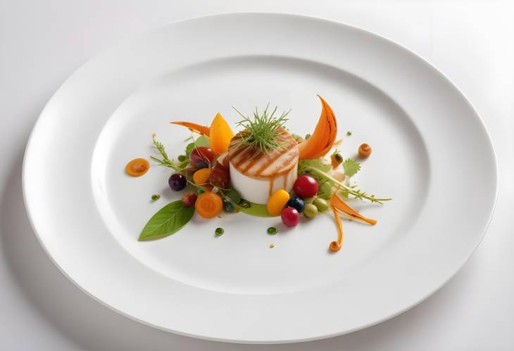 Exquisite Gourmet Meal Artfully Plated on a White Porcelain Dish, Featuring Fresh Ingredients