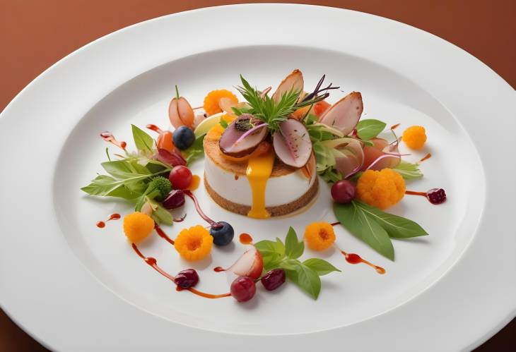 Exquisite Gourmet Meal Artfully Plated on a White Porcelain Dish, Featuring Fresh Ingredients