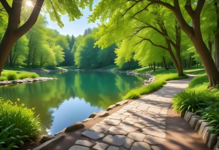 Exquisite Summer Spring Park View with a Lake, Green Trees, and a Stone Path Under Sunlight