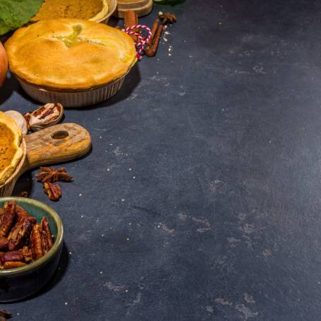 Fall Pie Trio Pumpkin, Pecan, Apple Crumble Overhead Shot