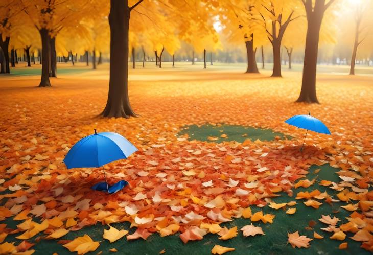 Fallen Leaves and Blue Umbrella Capturing Golden Autumns Beauty in the Park