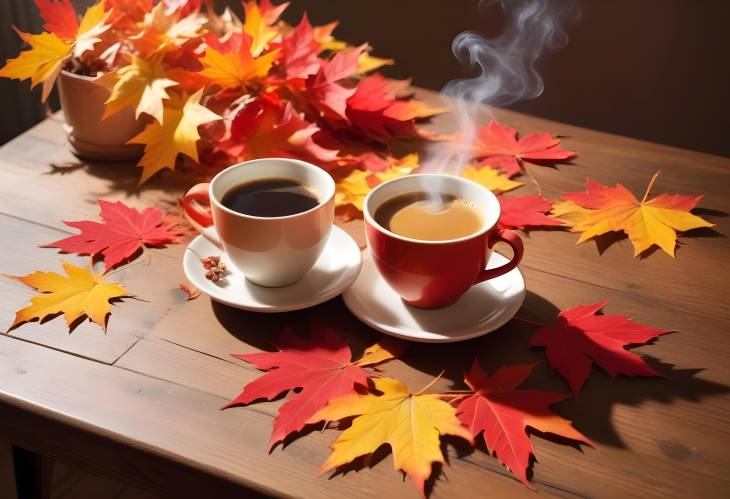 Falling Autumn Leaves on Rustic Wooden Table