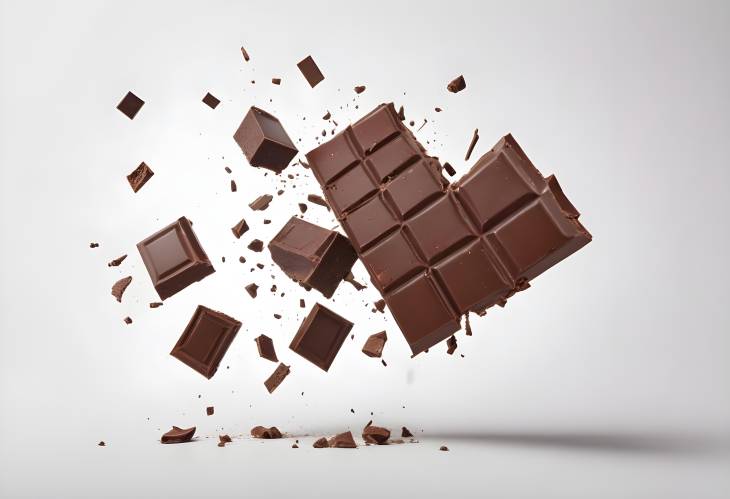 Falling Broken Chocolate Bar Chunks on White Background  Sweet and Delicious Treats