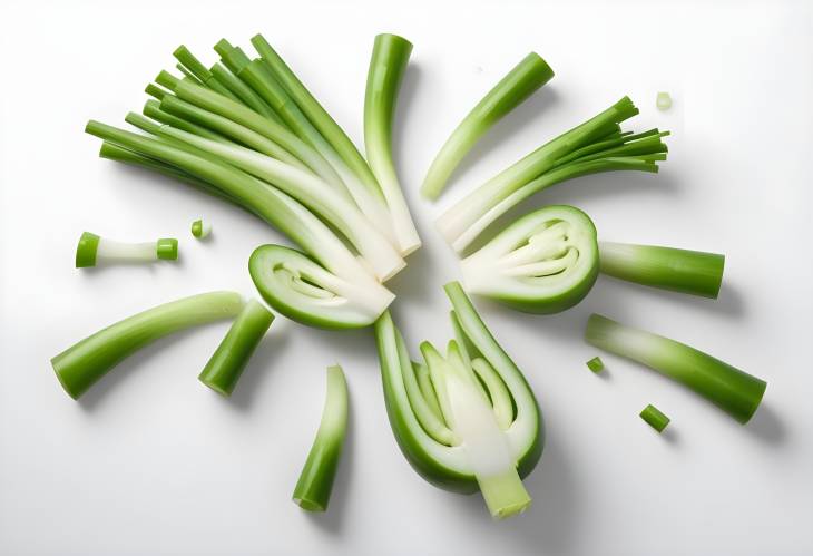 Falling Green Onion Chunks on White Background, Freshly Cut for Culinary Use