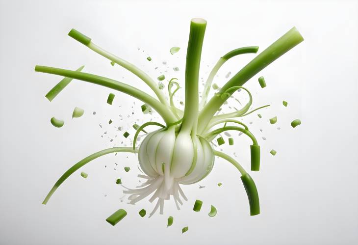 Falling Green Onion on White Background, Fresh and Ready for Culinary Preparation