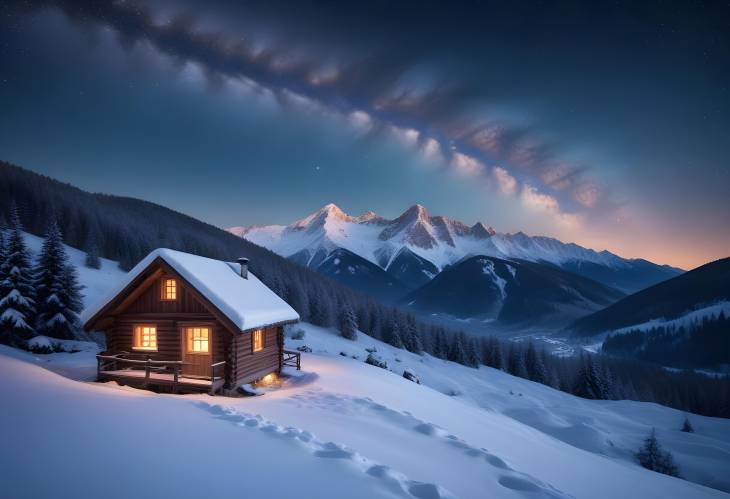 Fantastic Winter Panorama Snowy Mountains and Wooden House Under Starry Sky with Milky Way