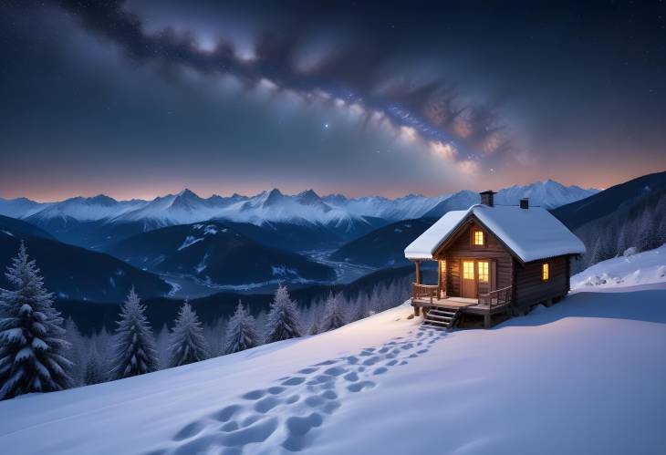 Fantastic Winter Panorama Snowy Mountains and Wooden House Under Starry Sky with Milky Way